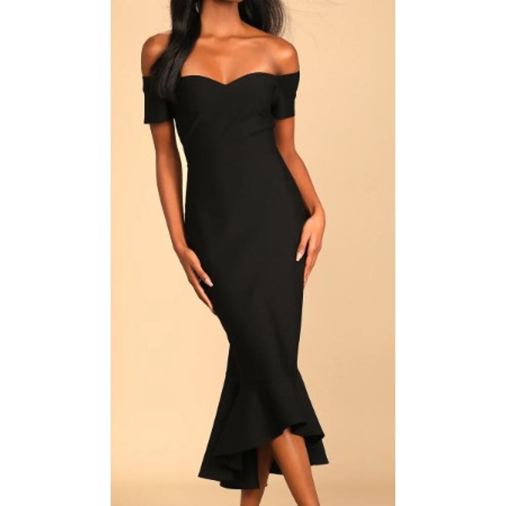 LULU'S SZ L How Much I Care Black Off-the-Shoulder Bodycon Midi Dress NEW 0b4